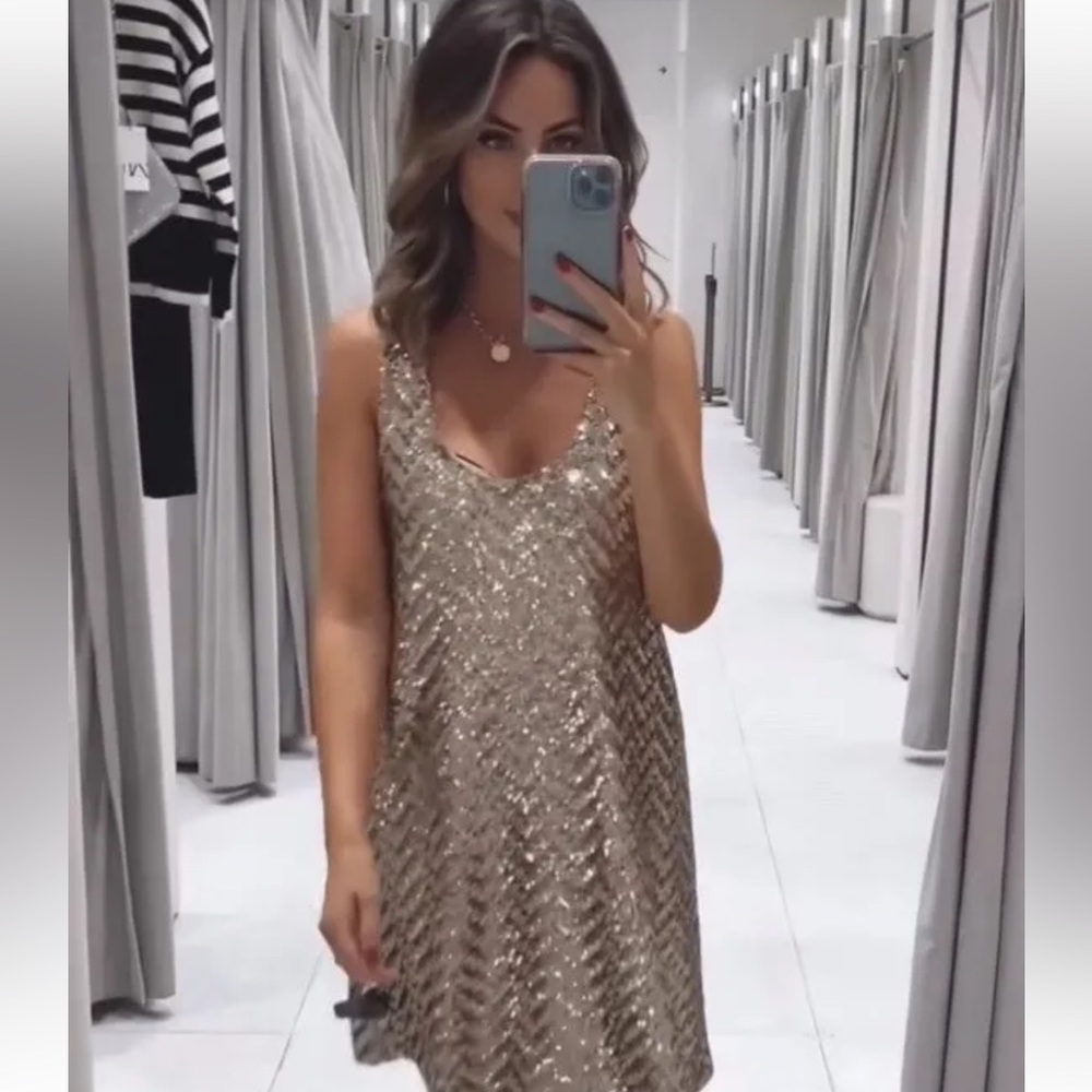 NWT ZARA Gold Sequin Sparkling Mini Dress Short Sleeveless Sack Round Neck